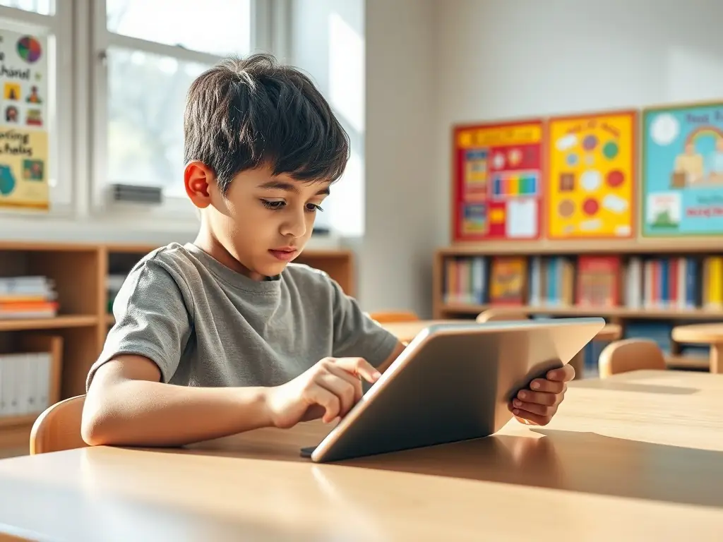 A student using a tablet in a classroom setting, focusing on the screen with a determined expression. The image should convey the idea of accessible technology enhancing learning.