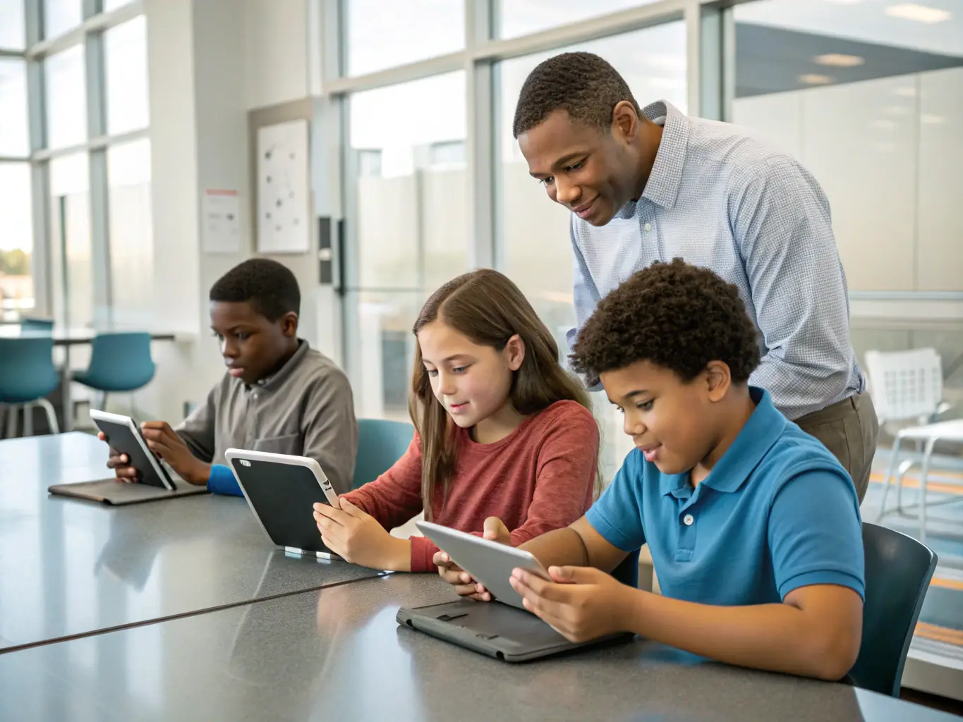 A group of students collaborating on a project using their Bizz devices, showcasing teamwork and the practical application of technology in education.