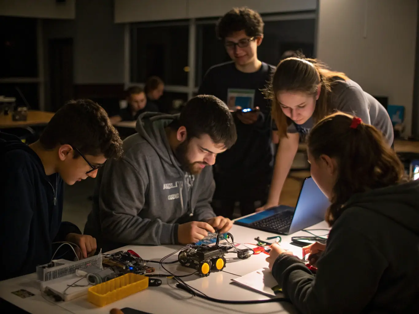 Et billede af studerende, der arbejder sammen på et innovativt projekt med moderne teknologi.