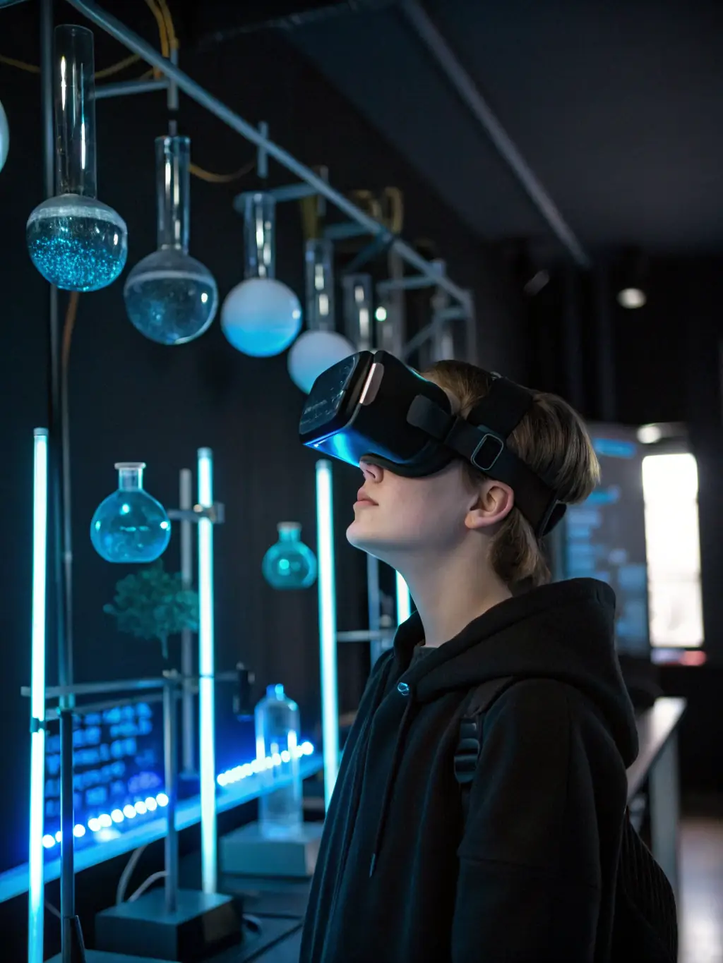A student wearing a VR headset, simulating an engineering environment, with other students observing and learning, in a high-tech lab at Bizzern Engineering.