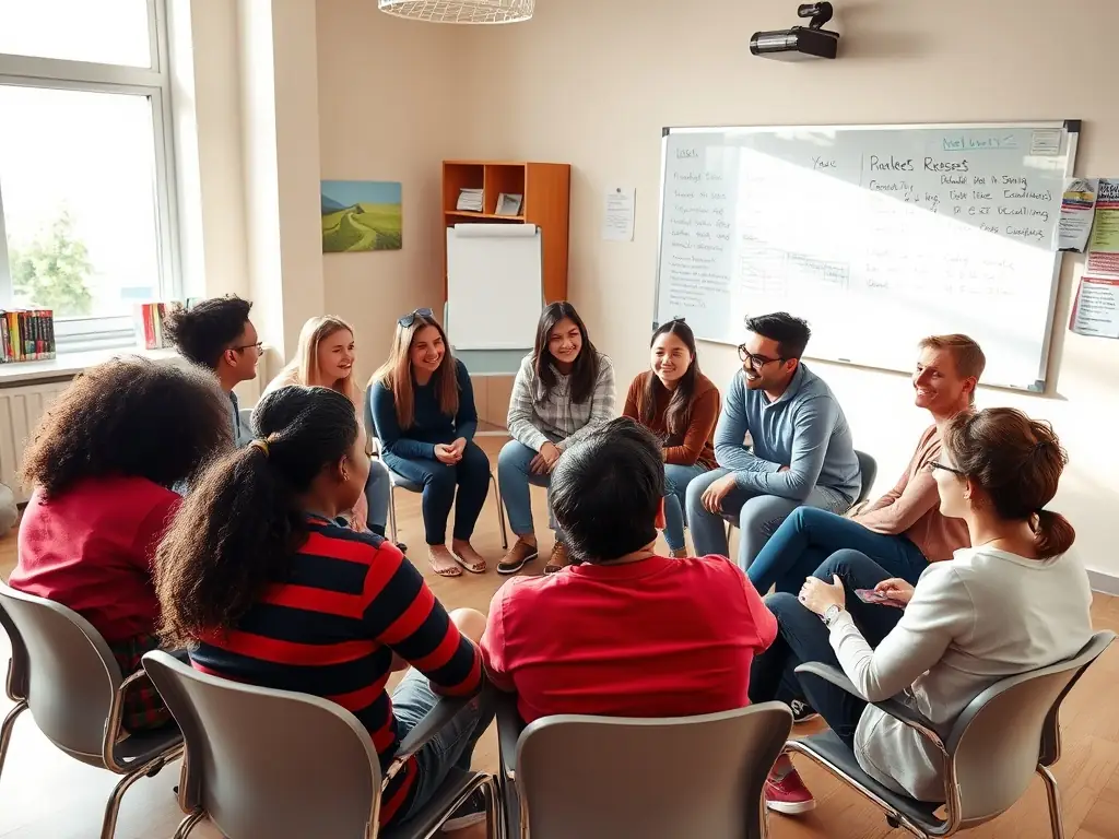 Et billede af et støttende og inkluderende læringsmiljø, hvor studerende interagerer og hjælper hinanden.