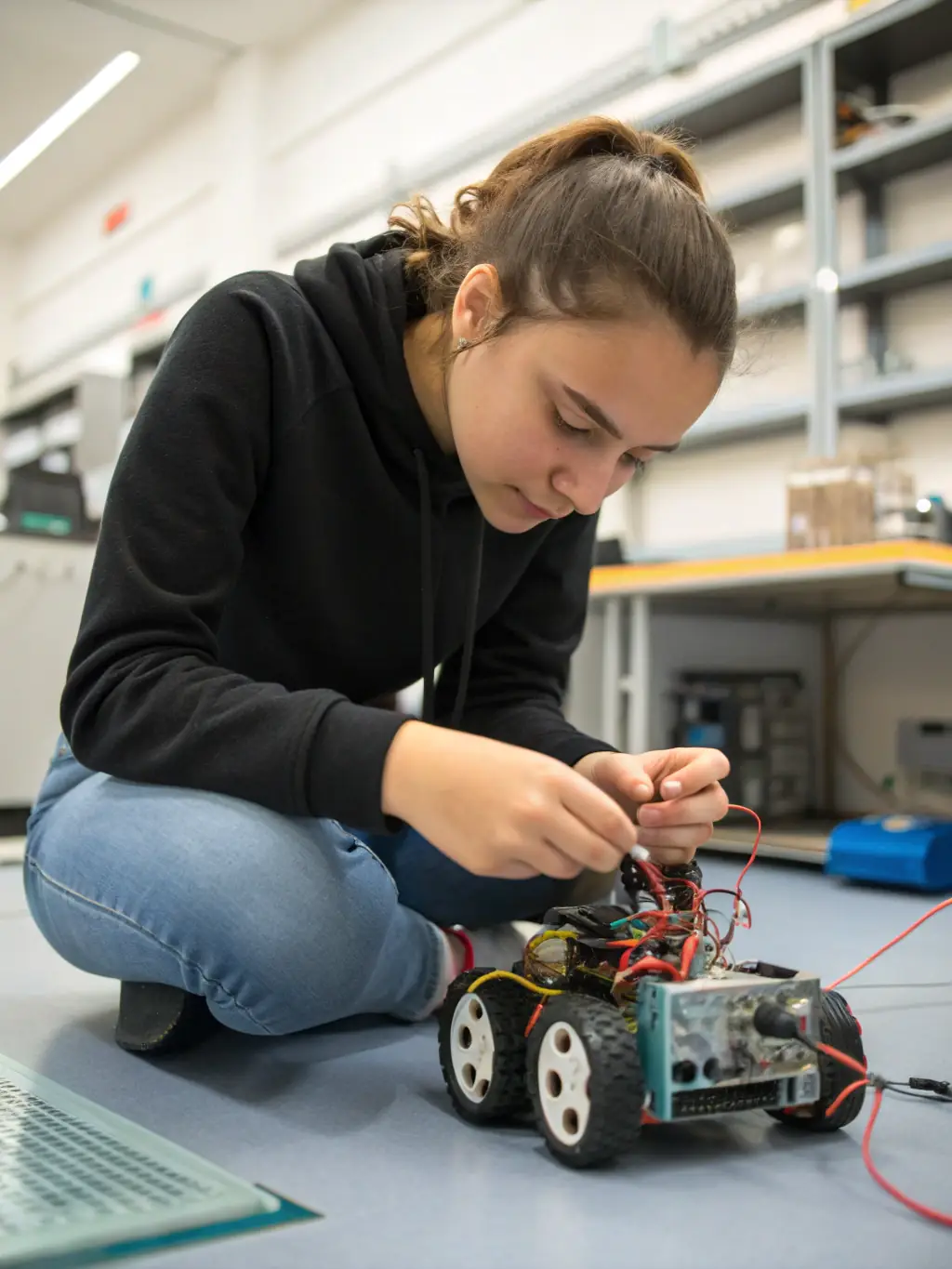 A close-up shot of a student intently working on a circuit board, surrounded by electronic components, in a well-lit lab at Bizzern Engineering. The image conveys focus and hands-on learning.